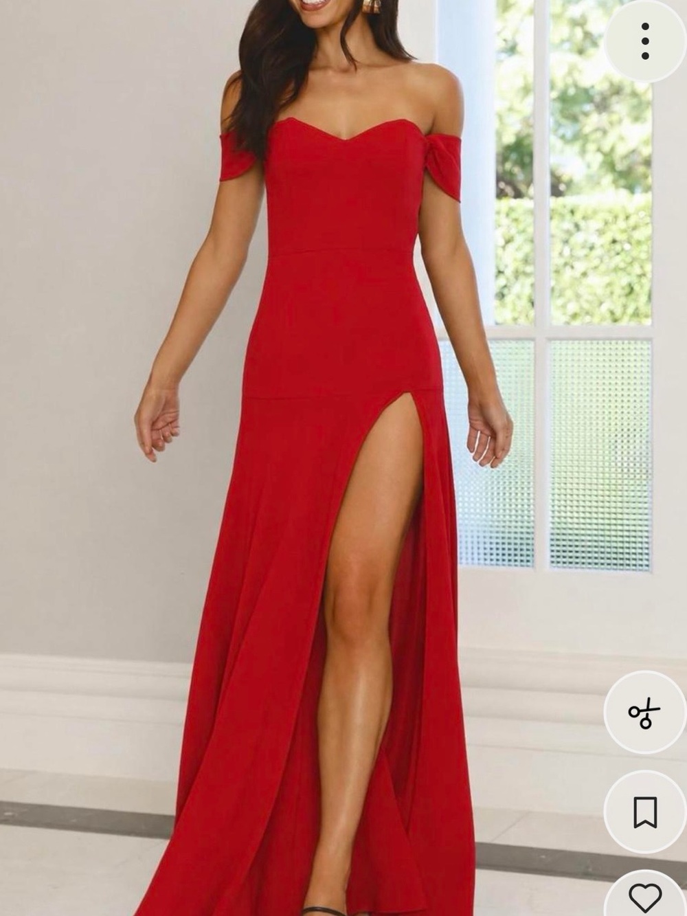 Windsor Red Off the Shoulder Evening Gown with Thigh Slit